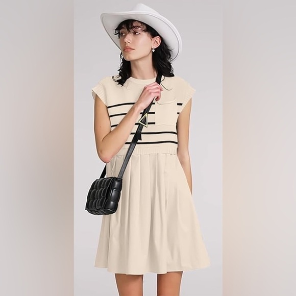 Womens Dresses Striped Knit Top Pleated Loose Swing Mini Short Sleeve Dress S - Picture 11 of 15